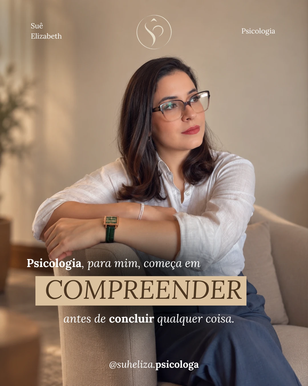 Publicação de Suê Elizabeth com retrato e texto sobre compreender antes de tentar curar.