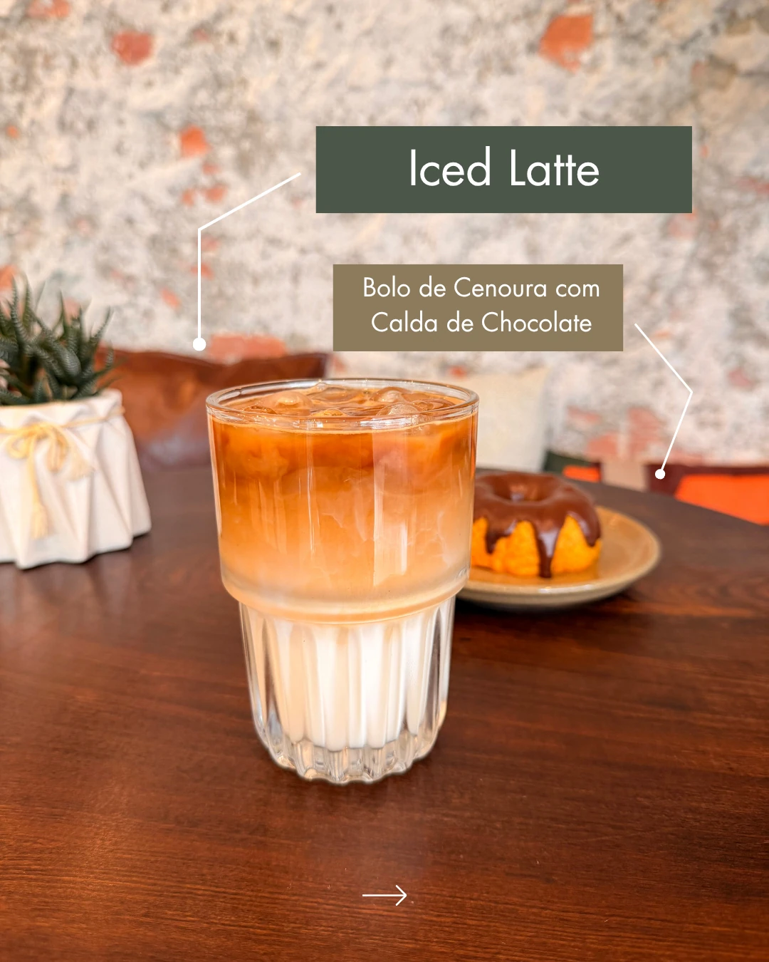 Publicação do Santé Café com fotografia de iced latte e bolo.